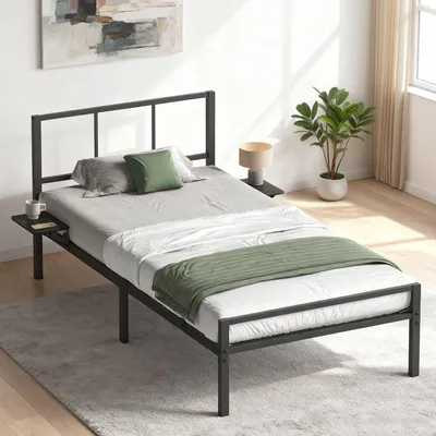 Obrázek produktu pro VASAGLE rám jednolůžka, 90 x 200 cm, kovová postel, s čelem, s odkládacími plochami, rám postele