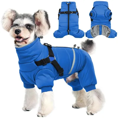 Immagine prodotto di Cappotto impermeabile per cani con imbracatura, giacca invernale per cani di piccola e grande taglia, colore blu, taglie S-XL