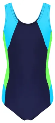 Produktbild von Aquarti Mädchen Badeanzug mit Ringerrücken, Farbe: Dunkelblau / Neongrün / Hellblau, Größe: 140