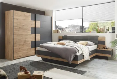 Produktbild von Schlafzimmer-Set >LINEA< (2-teilig) Bartex Eiche/Graphit, Schrank 280x215x58, Bett 296x97x210