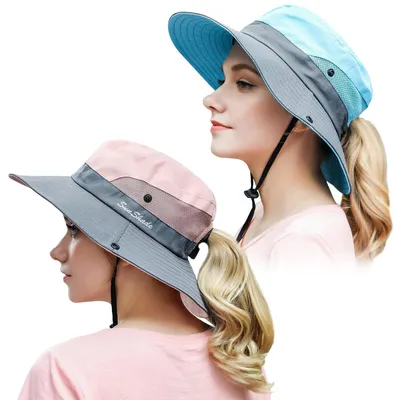 Produktbild von Sonnenhut Damen UV-Schutz breite Krempe faltbar Safari-Angelkappe 2 Stück Einheitsgröße Sky Blue & Pink