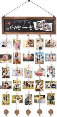 Produktbild von Fotovorhang mit 30 Holzklammern klein,DIY Fotowand Fotogirlande &Bilderrahmen Collage mit Klammern und Leine oder Schnur Karbonisiertes Schwarz Weiß