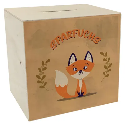 Holz-Sparbüchse mit Fuchs-Motiv – Sparfuchs, 9,8 cm