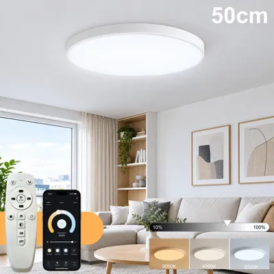 Produktbild von LED-Deckenlampe Ø50 cm weiß – moderne runde Deckenlampe mit App & Fernbedienung, 3000–6500K, stufenlos dimmbar, Memory-Funktion, Nachtlicht & Timer, f