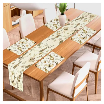 Produktbild von Oster Tischläufer mit 4 Hasen Karotten Platzsets, Tischdekoration für Ostern und Frühling
