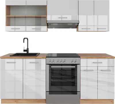 Produktbild von Vicco Küchenzeile R-Line, 200 cm ohne Arbeitsplatte, Weiß Hochglanz/Goldkraft Eiche