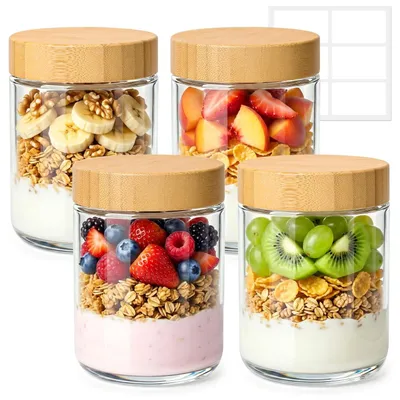 Joghurtbecher 500 ml mit Bambusdeckel, 4 Stück, Glas