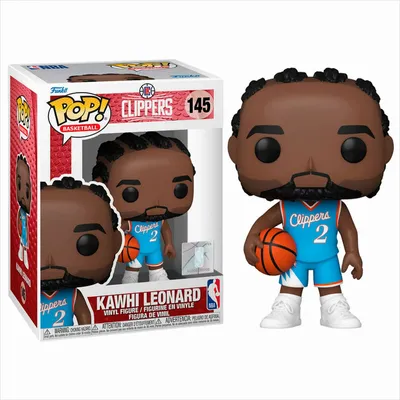 A Funko Pop! vinyl figure of Kawhi Leonard in his Los Angeles Clippers uniform, shown both in its packaging and standing next to it.