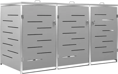 Three identical metal trash bin enclosures are shown side-by-side against a white background.