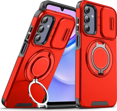Image de Etui double couche pour Samsung Galaxy A15 5G/4G, avec couvercle coulissant pour l'appareil photo et anneau magnétique Rouge