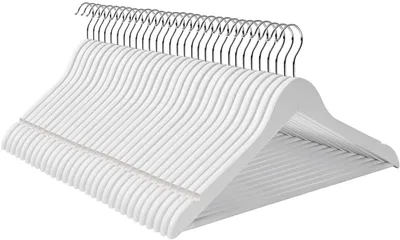 Produktbild von SONGMICS Kleiderbügel aus Massivholz, 30er Set, Holzbügel mit rutschfestem Hosensteg und Einkerbungen, um 360° drehbarer Haken, für Mäntel, Anzüge, Kleider, Hosen, Hemden, weiß CRW031WT