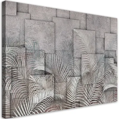 Produktbild von Leinwandbild 3D-Blätter auf einem betonartigen Hintergrund 90x60 Feeby Grau bild für die wand bereit zum aufhängen