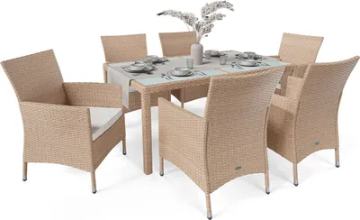 Produktbild von di volio Gartenmöbel-Set VERONA - Essgruppe Garnitur aus Polyrattan, robuste Sitzgruppe - Tisch mit Glasplatte + 6 Stühle, Terrassenmöbel Lounge Set