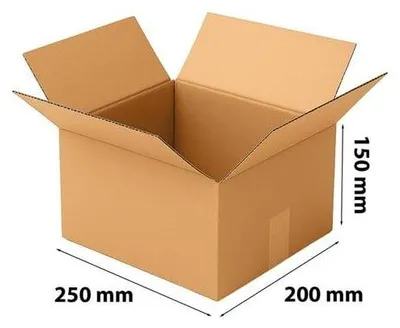 A cardboard box with dimensions indicated.