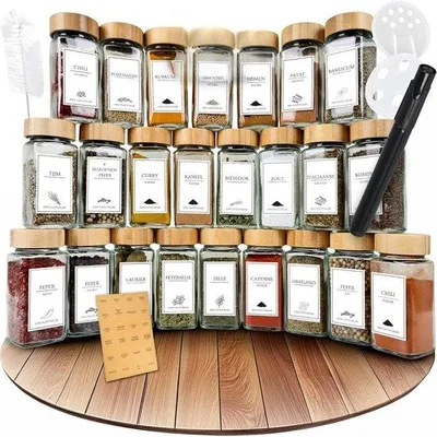 Produktbild von Famanu Gewürzgläser Set mit Etiketten (24 Stück) - Gewürze Organisieren mit Labels - 2x Gewürzmühlen und Trichter - 120ml (Bambusdeckel)