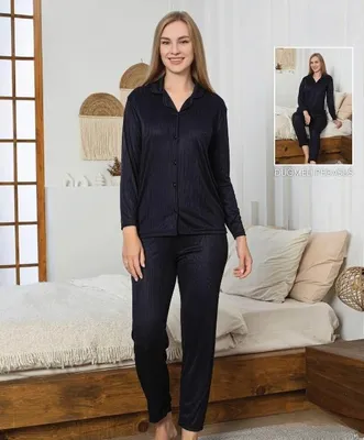 Produktbild von Damen Pyjama Schlafanzug Lang Schwarz XXL Baumwolle mit Knöpfen 2 Teiler Warm L-47
