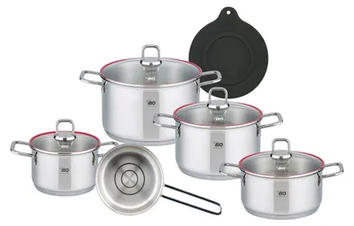 A set of stainless steel pots and pans with glass lids, along with a black silicone lid, arranged on a white background.