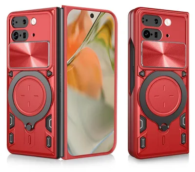 A red protective case for a foldable phone, shown from two angles.