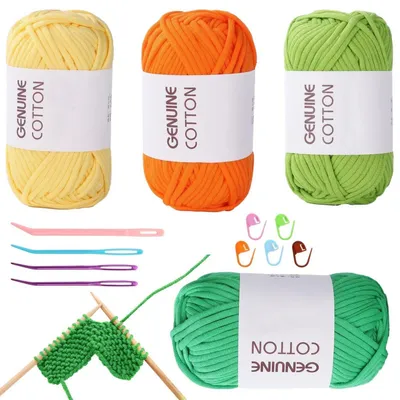 Image de Fil pour crochet pour débutants, lot de 4, en coton et nylon, couleurs : orange, jaune, vert clair et vert foncé, avec accessoires