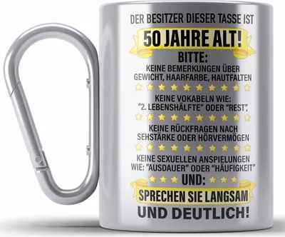 Produktbild von Trendation - 50. Geburtstag Männer Edelstahl Tasse Karabiner Geschenk Geschenkidee 50er Geburtstag Spruch Perfektion Vater Papa Lustiger Spruch Witzig (Silber)