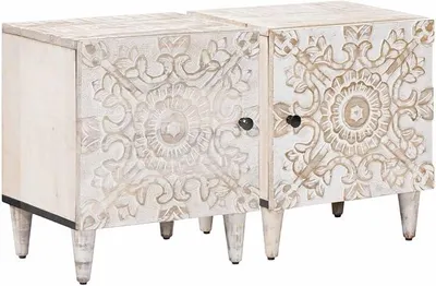 Imagen del producto de Juego de 2 mesitas de noche blancas de madera maciza de mango, 40 x 33,5 x 46 cm. Mesitas de noche con espacio de almacenamiento, ideales para dormitorios, camas, salones, pasillos, de diseño moderno y compacto