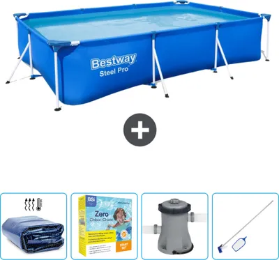 Produktbild von Bestway rechteckiger Steel Pro-Schwimmbecken – 300 x 201 x 66 cm – Blau – im Lieferumfang enthalten Sonnensegel - Wartungspaket - Pumpe - Reinigungskit