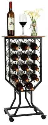 Produktbild von Weinregal Flaschenständer auf Rollen - Freistehend - Holzauflage - Metall Kohlenstoffstahl - Servierwagen mit feststellbaren Rollen - Für Küche und Hausbar