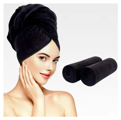 Produktbild von 2 Stück Mikrofaser-Haartücher, super saugfähig, schnell trocknend, Haartrockentuch, Anti-Frizz, Haarturban, weiches Kopfhandtuch mit Gummiband, 100 x 50 cm, Schwarz
