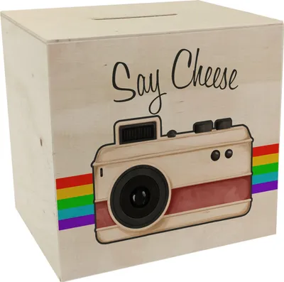 Produktbild von Say Cheese Spardose aus Holz mit Retro Kameramotiv