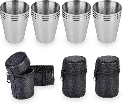 Produktbild von RVS-Becher-Set, 30 ml - Klein - 16 Stück mit 4 Lederetuis - Ideal für Camping und Picknick