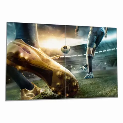 Produktbild von Wallario Herdabdeckplatte aus Glas, Größe 80 x 52 cm 2-teilig, Motiv Fußball Goldschuh auf dem Feld