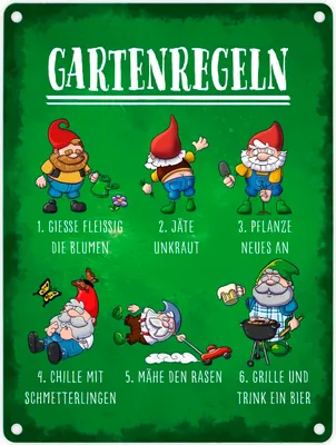 A metal sign with rules for gardening, illustrated by gnomes.