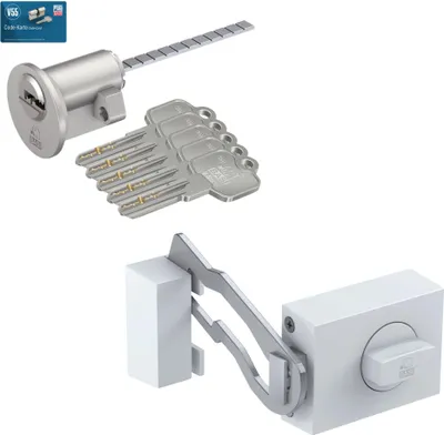 Produktbild von BASI - Türzusatzschloss mit Außenzylinder - SET - KS 500 - 70 mm - Weiß - käntig - mit Sperrbügel - VB1306-0201