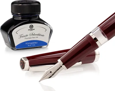 Produktbild von Füllhalter Set Cleo Skribent Classic Palladium Bordeaux, Kolben-Füllhalter und 30 ml Tinte Blau