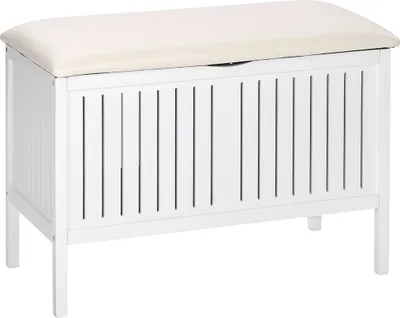 A white storage bench with a cream upholstered top, shown against a white background.