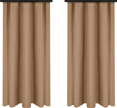 Two beige curtains hanging from a rod.