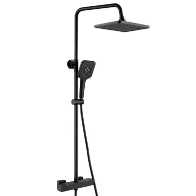 Produktbild von Auralum Edelstahlmit Thermostat Duscharmatur Komplettset, 30x30CM Regendusche, 3 Strahlarten und Höhenverstellbarer Duschstange (Schwarz)