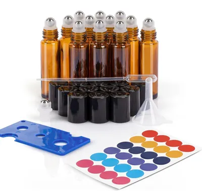 Productafbeelding van Rollon flesjes, 10 ml, set van 12, leerlook, UV-bescherming, bruin. 10 ml x 12