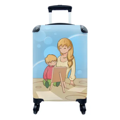 Produktbild von MuchoWow® Koffer Handgepäck Trolley Rollkoffer Kleine Reisekoffer mit 4 Rollen - Mutter und Kind Illustration mit Staffelei - Cabin Size < 55x40x23 cm & 55x40x20 cm - Kinderkoffer - Kabinenkoffer - Boardgepäck - Reise-Box - Reisekoffer - Reisegepäck - Koffer mit Bild - Trolley für Kinder