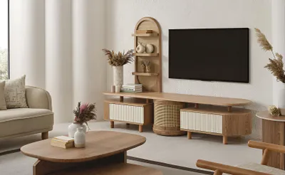 Obrázek produktu pro Moderní TV skříňka s policemi a stylovými akcenty, hnědá nábytek