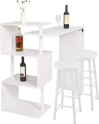 Productafbeelding van Bartafelset met 2 barkrukken, draaibare staande tafel met 3 opbergplanken, bistrotafel met barkruk van hout en metaal, 134x38x112cm, wit