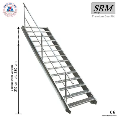 A metal staircase with handrails against a white background.