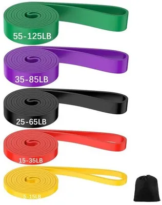 Produktbild von Unyqoos® Set 5 Widerstandsbänder (15–125 kg) – Elastische Fitnessbänder aus Latex mit rutschfestem Griff & Tragetasche für Krafttraining, Yoga, Pilates