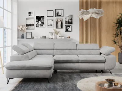 Produktbild von Ecksofa Sofa Grau, Wohnlandschaft L-Form mit Schlaffunktion und Bettkasten, Schlafsofa mit Bettkasten, Sofa mit Einstellbare Kopfstützen, Peter L - Hellgrau Velvet - Links Grau