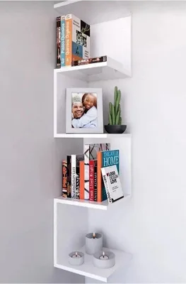 Image de Étagère murale d'angle en zigzag avec 5 tablettes, MDF blanc, 23 x 23 x 111 cm