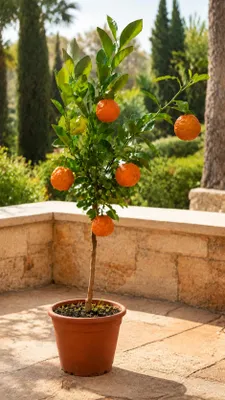 Image de Oranger (Citrus sinensis), variété "Arancio Corrugato", jeune plant d'environ 50 cm – Agrume italien idéal pour les balcons et les terrasses, Image générée par une IA