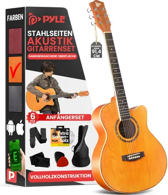 Produktbild von Pyle Akustikgitarren-Set mit Stahlsaiten, 3/4 Juniorgröße, natürliches Lindenholz, mattes Finish, Instrument mit Gigbag, Stimmgerät, extra Saiten