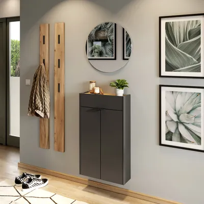 Produktbild von Garderobe Flurgarderobe schmal in grau mit Eiche ABERDEEN-01 modern 4-teilig mit 2 Garderobenpaneelen