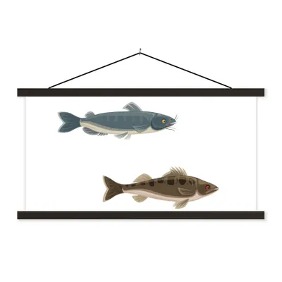 Produktbild von MuchoWow® Textilposter Eine Illustration von sechs farbigen Fischen 90x45 cm mit schwarzem Rahmen - Klemmleisten