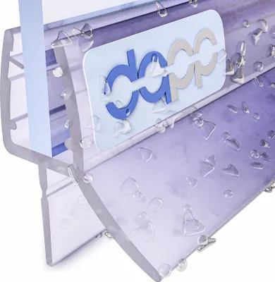 A close-up view of a clear plastic shower door seal with water droplets on it. A logo is visible on the seal.